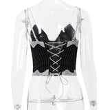 Vevesc Black Striped Print Camis Lace Trim Corsets Top Y2k Summer 2024 Women Clothes Cute Sexy V Neck Cropped Tank Top