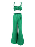 Vevesc Women Sexy Elegant Fashion Camis Wig Leg Pant Set Summer Solid Green Outfits High Waist Loose 2 Two Piece Set For Women