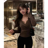 Vevesc Vintage Lace Patchwork T Shirts Women Y2K Streetwear Sexy V Neck Crop Tops Korean Elegant Long Sleeve Slim All Match Tees