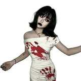 Vevesc Halloween Horror Bloody Handprint Pattern Sexy Spicy Halter Neck Dress Cosplay Zombie Vampire Slim Women Goth Costume Dress