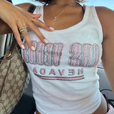 Vevesc Letter Rhinestone White Ribbed Crop Tops 2000s Y2k Streetwear Graphic Tank Top Summer Clothes For Women 2024