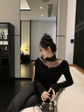 Vevesc Gauze Splicing Knitwears Leggings Half High Neck Slim Crop Top Edge of Fungus Pullovers Korean Fashion Y2k Clothes