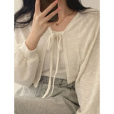 Vevesc Lace Up White Cardigan V Neck Knitwear Lantern Sleeve Women's Sweater Korean Fashion Spring Knit Oversize Wear To Work