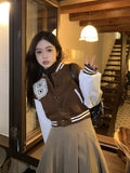 Vevesc Bomber Jackets American Retro Short Length Y2k Women Preppy Style Outerwear Long Sleeve Letter Contrast Color Coats O Neck