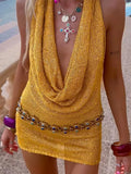 Vevesc  Sexy Sequin Halter Mini Dress Women V-neck Sleeveless Backless Female Party Dresses 2025 Summer Fashion Hip Package Lady Robe