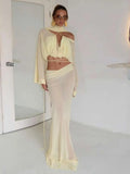 Vevesc  Fashion Ruched 2 Piece Set Women Lace-Up Halter Full Sleeve Crop Tops+Sexy See Through Skirts Street Elegant Outfits