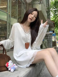 Vevesc Mid Length Lace Patchwork White V Neck Aesthetic Tshirts Long Sleeve Elegant Korean Tees Oversize Women Y2k Hotsweet Camisetas