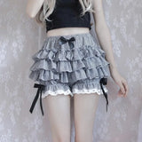 Vevesc Japanese Lolita Gray Plaid Ruched Cake Skirts Y2k E-Girl High Waist Bow Shorts 2024 Summer New Korean Fashion Clothing