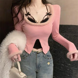 Vevesc Sexy Patchwork Lace Halter Fake Two Piece Korean Moda Popular Spliced Warm O Neck Long Streetwear Tops Punk Korean Girl Clothes