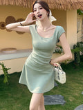 Vevesc  Women Green Knitted Short Sleeve O-Neck Mini Dress Summer Pleated Bodycon Hip Wrap Dress 2025 Korean Fashion Casual Party Dress