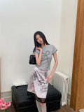 Vevesc  Graffiti Velvet Lace Hem Knee Length Skirt For Woman High Waist A Line Purple Skirt Summer Clothes 2025