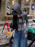 Vevesc Striped Hooded Long Sleeved T-shirt for Women Early Autumn New Knitted Tops Mujer Y2k Slim Fit  Sleeve Tee Shirt