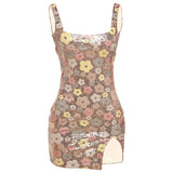 Vevesc  Sequins Mini Dress Women Flower Print Colorful Patchwork Skinny Backless Sleeveless Vacation Trend Elegant Sweet Outfits