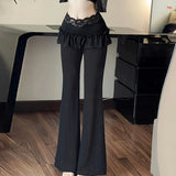 Vevesc  Lace Patchwork A-line Skirt Flared Pants Black Sweet Casual Basic Bootcut Pants Y2K Aesthetic Jogging Trousers Women