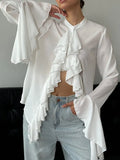Vevesc Y2k Aesthetic Women Flare Sleeve Blouse Autumn Grunge Ruffled Solid Shirt Harajuku Sexy Streetwear Single Breasted Blusas