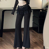 Vevesc  Lace Patchwork A-line Skirt Flared Pants Black Sweet Casual Basic Bootcut Pants Y2K Aesthetic Jogging Trousers Women