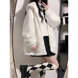 Vevesc  Women Zip Hoodie Thicken Fuzzy Fleece Sweatshirts Harajuku Bear Ear Oversize White Coats Cute Soft Winter Outerwear New