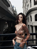 Vevesc Vintage Tie Dye V-neck Bottoming T-shirt for Women Y2k Slim Fit Long Sleeve Tops Mujer Summer New Sun Protection Tee Shirt