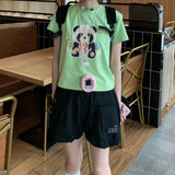 Vevesc Harajuku Cute Panda Print O-neck T-shirts Y2k Grunge Short Sleeve Green Tops Women 2024 Summer New Loose Cotton Tee Shirt