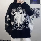 Vevesc O-Neck American Women Sweaters Pullovers Black Harajuku Letter Jacquard Vintage Loose Pull Femme Y2k Hip Hop High Street