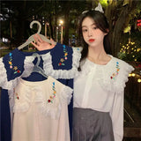 Vevesc Women Blue Shirts and Blouses 90s Harajuku Y2k 2000s Aesthetic Fashion Vintage Peter Pan Collar Long Sleeve Shirt Top Clothes
