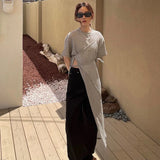 Vevesc Y2K Dress Women Solid Bandage Asymmetrical Side Slit Chic Midi Dress Streetwear Simple Lace Up Casual A Line Slim Sundress