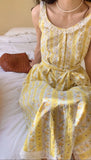 Vevesc  French Floral Print Sleeveless Dress Women Spliced Lace Bandage Waist A-line Long Dresses Summer Fairy Sweet Beach Robe