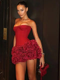 Vevesc Couture Sexy Red Strapless 3D Flowet Mini Cocktail Dresses Strapless Bloom Stretchy Short Women Party Dresses