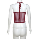 Vevesc japanese 2000s style y2k corset crop top wine red mesh perspective vest coquett clothes sexy tank tube top cute camisas