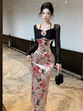 Vevesc  Velvet Evening Dresses Women Sexy Floral Long Sleeve Elegant Slim Patchwork Cocktail Dress Performance Party Ladies