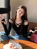 Vevesc Harajuku Grunge Knitted T-shirt Women Sexy Hollow Out Slim Fit  Y2k Aesthetic Tops Autumn Streetwear Black Cross Fairy T-Shirts
