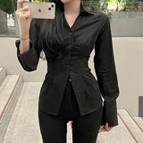 Vevesc Y2K Women Slim Blouses Office Lady Fashion Long Sleeve Folds Chic Shirt Vintage Streetwear Korean Sexy Skinny Casual Tops