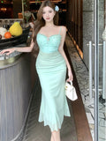 Vevesc  New Green Mesh Patchwork Diamonds Sling Long Dress Summer Elegant Casual Home Dress Women Korean Fashion Bodycon Prom Dress