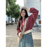 Vevesc Streetwear Cropped Hoodies Women Vintage Oversized Patchwork Sweatshirt Harajuku Korean Zipper Loose Casual Jacket Tops