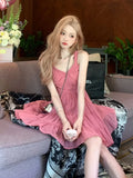 Vevesc Pink Sleeveless Summer Dress A-line V-neck Solid Dress Korean Style Fashion Casual Party Fairy Princess Dress