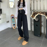 Vevesc High Waist Women Wide Leg Jeans Autumn Winter Black Gray Breasted Loose All Match Straight Trousers Y2K Streetwear Denim Pants