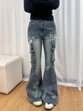 Vevesc Y2K Flare Low Rise Jeans Pants For Woman Cargo Baggy Trousers Aesthetic Streetwear Pockets Hippie Denim Bell Bottom CasualOutfit