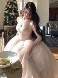 Vevesc  White Princess Dress Sweet Elegant Ball Gown Birthday Party Vestidos Gauze Bodycone Strapless Camisole Long Dresses
