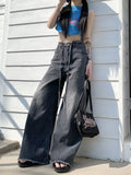 Vevesc Y2K Vintage 90s Black Jeans Grunge Distressed Baggy Denim Pants Female Oversize Korean Style Retro Basic Wide Leg Trousers