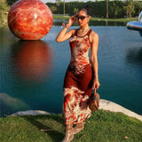 Vevesc Red Vintage Print Mesh Sheer Summer Women's Dresses Elegant Outfits For 2024 Sexy Sleeveless Bodycon Long Dress