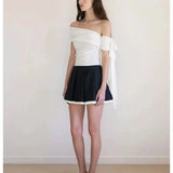 Vevesc  Asymmetrical Off Shoulder Bow Lace Up T-shirt Women Summer Sexy Folds Slim Fit Y2k Tops Fashion Spicy Girls Party Tees