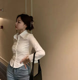 Vevesc Autumn New Slim Wait Single Breasted Blouses Simple Sexy Lapel Neck White Shirts Women Y2k E-Girl Long Sleeve Blusas Mujer