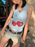 Vevesc  Cherry Graphic Print Crop Top Tank Women Summer Vest T Shirt e-girl harajuku fairycore 2000s y2k grunge aesthetic korean clothes