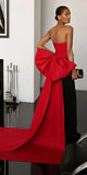 Vevesc Couture Black&Red Stretchy Long Evening Dresses With Big Bow Strapless Fashion Formal Party Dress Maxi Gowns