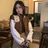 Vevesc Bomber Jackets American Retro Short Length Y2k Women Preppy Style Outerwear Long Sleeve Letter Contrast Color Coats O Neck