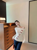 Vevesc Sweet Bow Knitted Pullover Women Off Shoulder Sexy Long Sleeve Sweaters Korean Style Kawaii Autumn Winter Pullovers