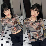 Vevesc American Vintage Mesh Print T-shirt for Women Summer Thin Sun Protection Tee Shirt Y2k E-Girl Long Sleeve Slim Fit Tops