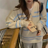 Vevesc Preppy Style V Neck Striped Pullovers Sueter Mujer   Sweet Contrast Color Korean Women Sweaters Y2k Casual Chic