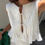 Vevesc  Linen Cotton Pleated Lace Up Sleeveless Short Shirt Blouse Women Slim Waist Crop Top Female Pleated Shirts New White