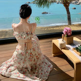 Vevesc New Sweet Bandage Holiday Chiffon Dress Kawaii Women Floral Summer Birthday Dress Lolita Female Midi Gentle Style Clothes